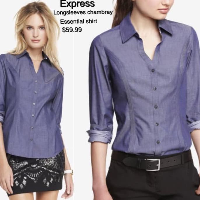 Barang Berkualitas Express longsleeves chambray essential shirt - Dusty Blue, M MURAH