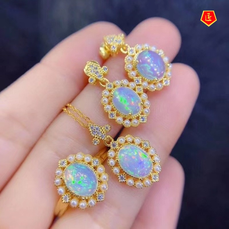 [Ready Stock]Natural Opal Ring Luxury Colored Gems Necklace and Earring Suit