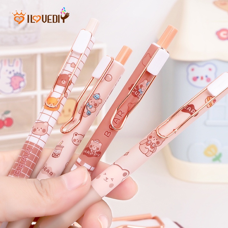 1pc Pulpen Tekan Motif Kartun Beruang Lucu Kreatif Dengan Kait Metal Untuk Sekolah / Kantor