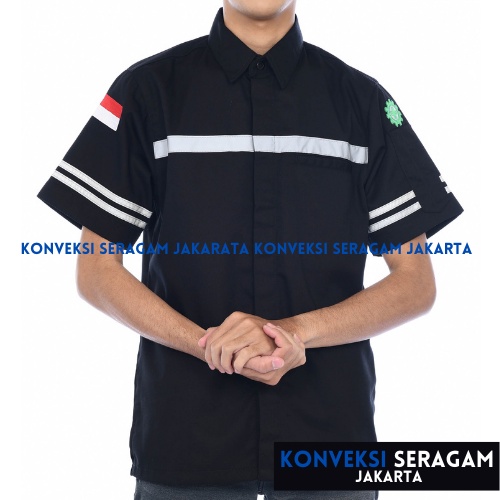 Baju Kemeja Safety K3 Lengan Pendek - Seragam Kerja Atasan Wearpack Werpack Werpak Proyek Tambang Warna Hitam Pria Wanita - Konveksi Seragam Jakarta