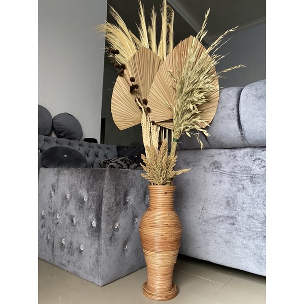 PAKET DAUN PALEM KERING DAN POT GUCI AKAR TINGGI 40CM+DEKORASI RUSTIC+RAYUNG+JAWAN GRASS+PAMPAS GRAS
