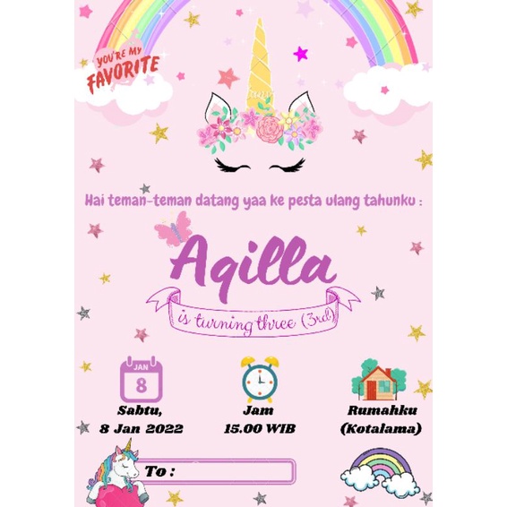 Undangan Ulang Tahun Anak/ Ultah Anak/ Undangan Custom Unicorn/ Undangan Murah