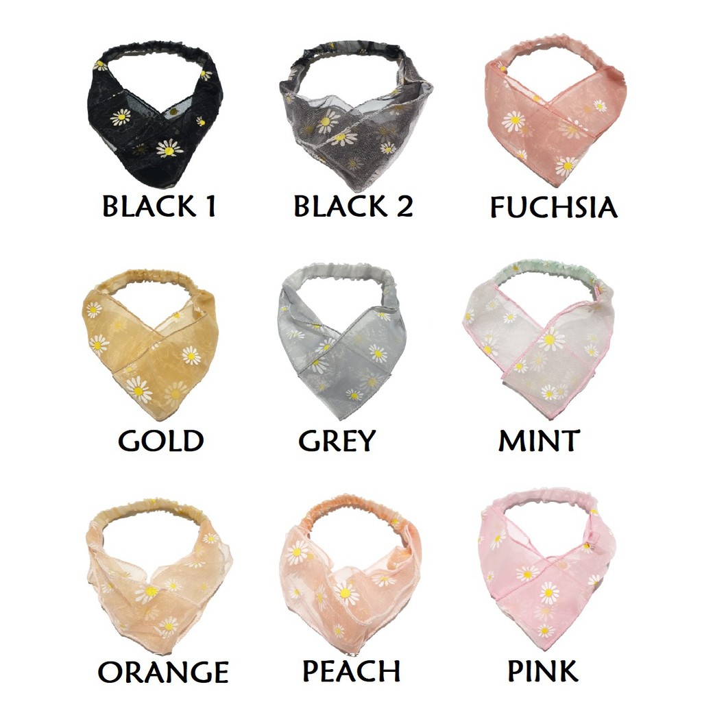 Bando Bahan Sifon Bandana Korea Chiffon Motif Bunga Daisy Untuk Aksesoris Rambut Wanita Mesh Twist Knot Wide Headband