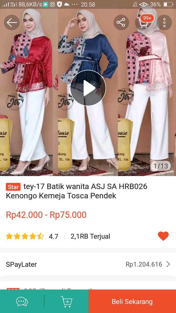 Tey-17 Batik Wanita Asj Sa Hrb026 Kenongo Kemeja Tosca Pendek