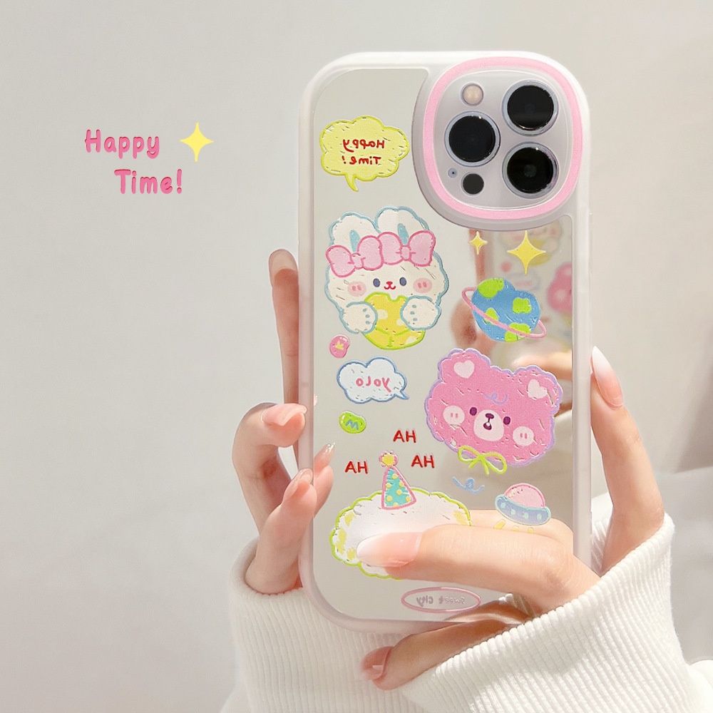 Case Cover Pelindung Hp Motif Kelinci + Cermin Makeup + Rantai Bunga Untuk Iphone 11 / 8 / 7plus / SE2 / XS / XR / 12 / 13pro MAX