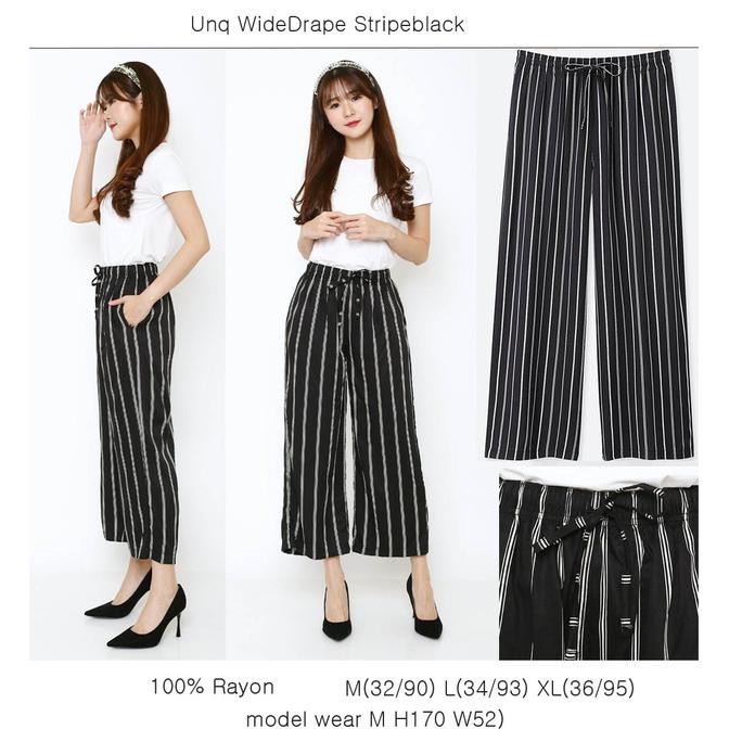 Barang Berkualitas UNIQLO Wide Drape Pants Celana Panjang Branded Murah - Stripe Black CUCI GUDANG