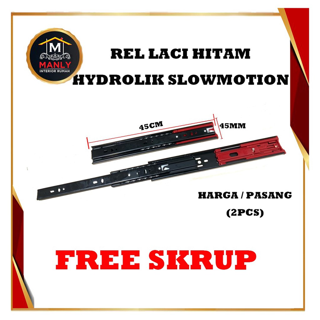 Rel Laci Hitam 45 cm Hydrolik Slowmotion Full Extention 45 mm  Isi 1 set (2 pcs)