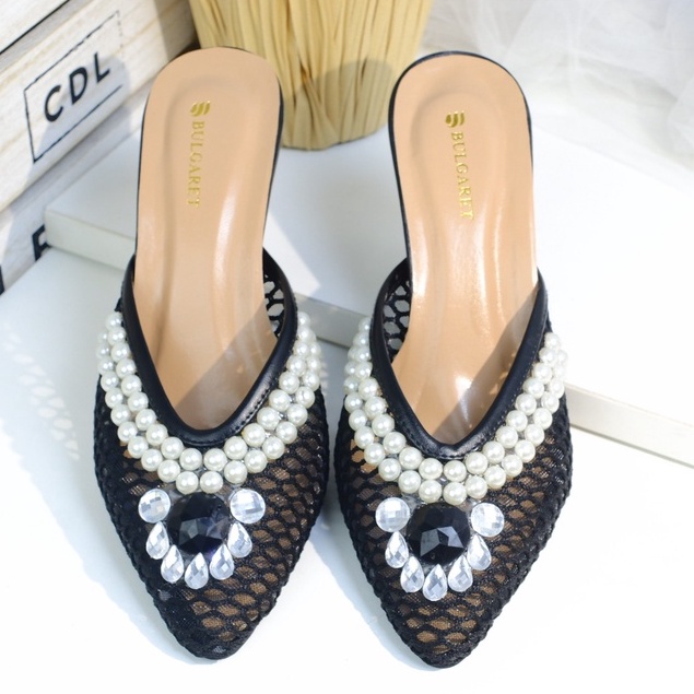 FLASH SALE 7.7 Sandal Wanita High Heels Brukat Jala Strap Mutiara SP 23