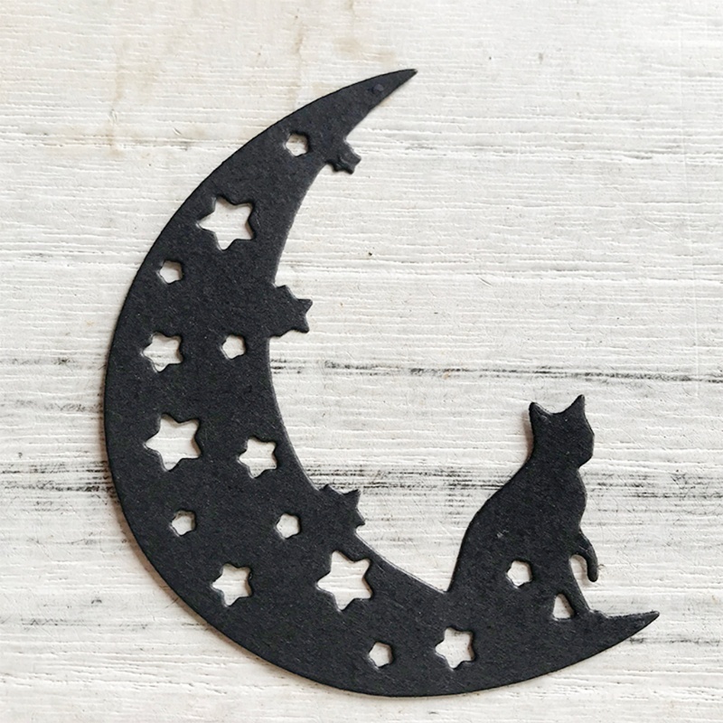 Cetakan Stensil Cutting Dies Motif Kucing Bulan Halloween Bahan Metal Untuk Scrapbook / Craft DIY