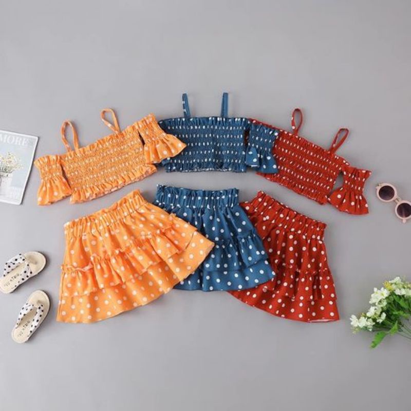 set baju sexy anak bayi perempuan dengan rok polka warna biru merah kuning