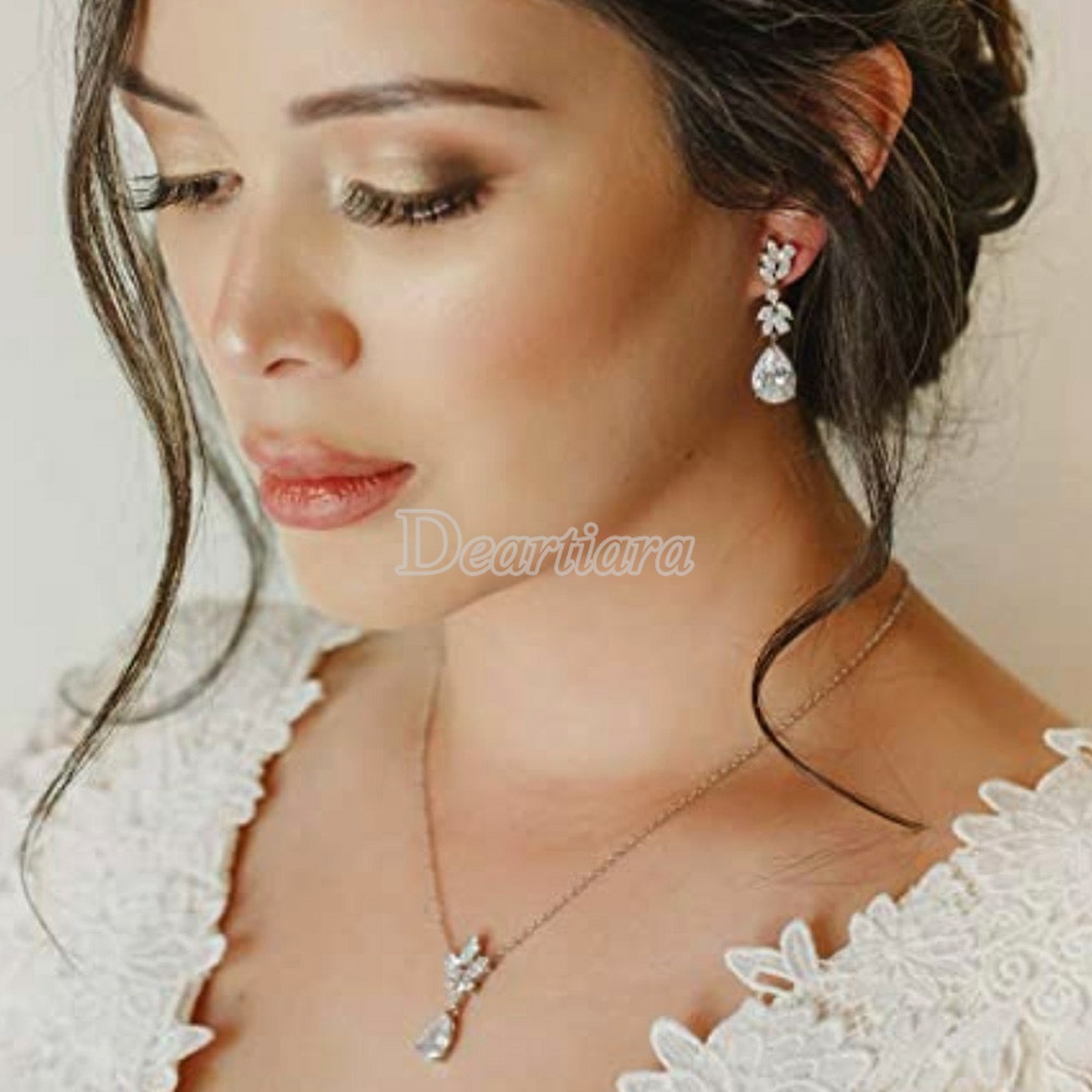 Set Anting Dan Kalung Rantai Bahan Zirkon Untuk Aksesoris Pengantin