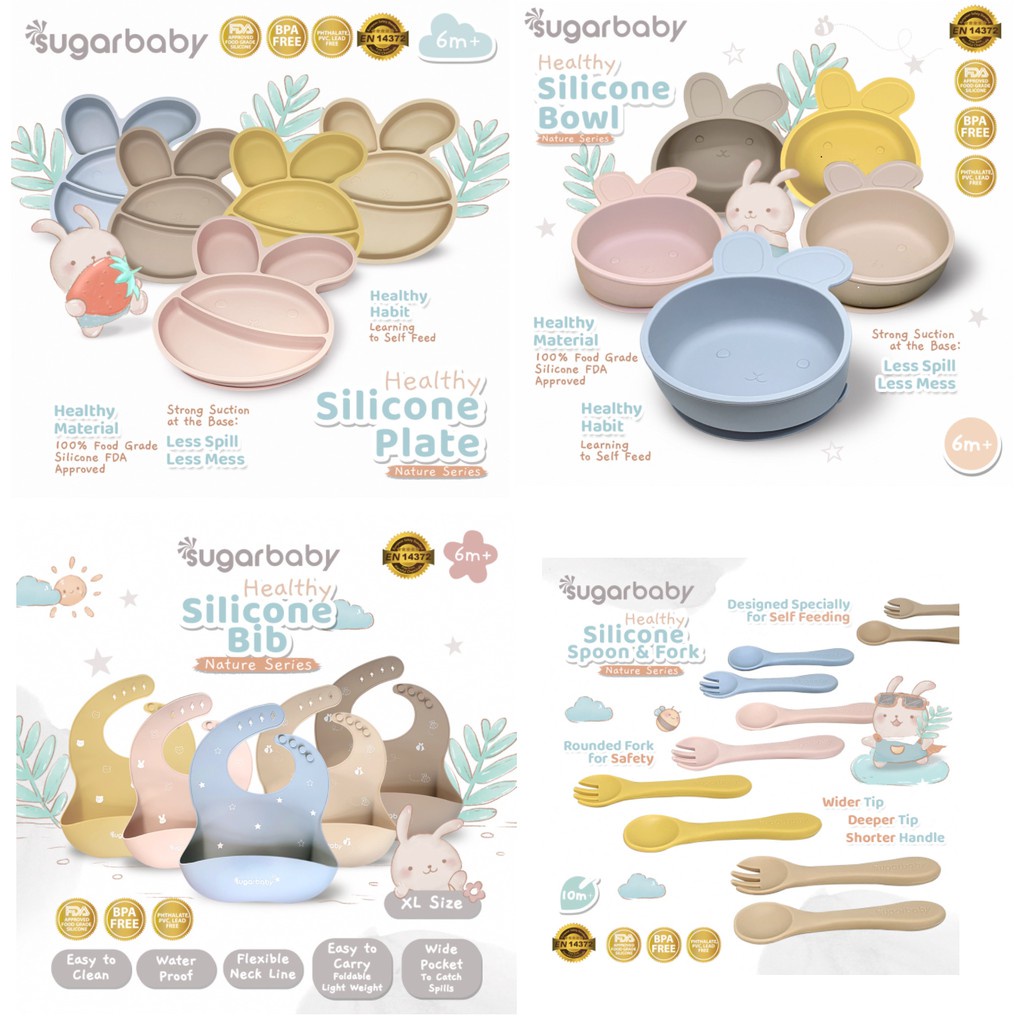 TERLENGKAP SUGAR BABY HEALTHY SILICONE SPOON &amp; FORK NATURE SERIES BIB / PLATE PIRING / BOWL MANGKOK