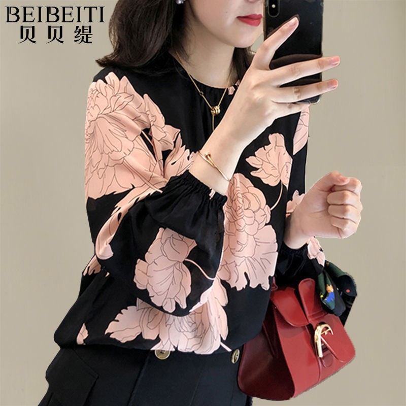 Atasan sifon wanita lengan panjang motif bunga