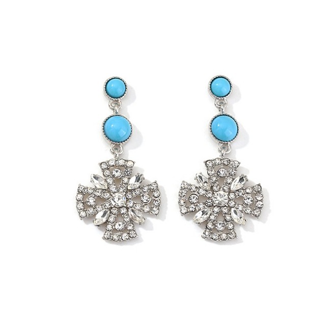 LRC Anting Tusuk Fashion Silver Blue Turquoise Long Zircon Flower Earrings D94454