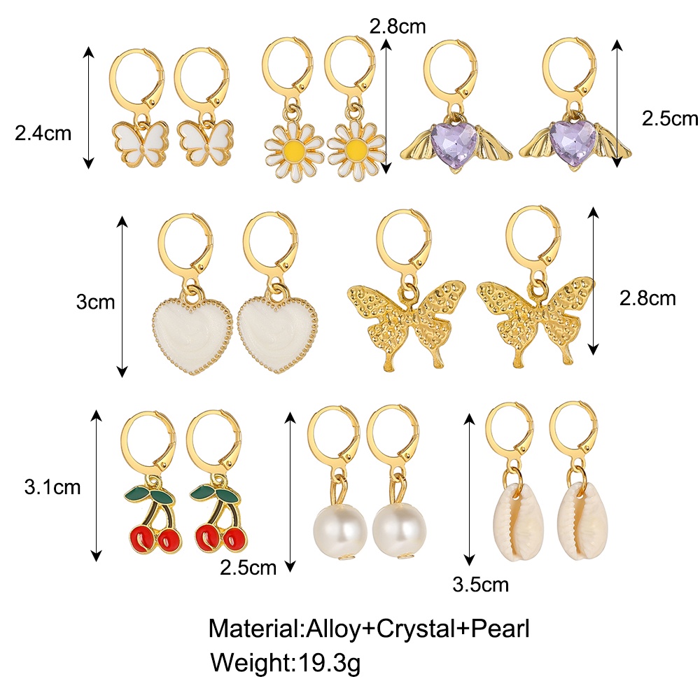 AY(CN) 16pcs/set Cute Pearl Shell Drop Earring Set Colorful Heart Butterfly Flower Cherry Hoop Earrings for Women Accessories Jewelry