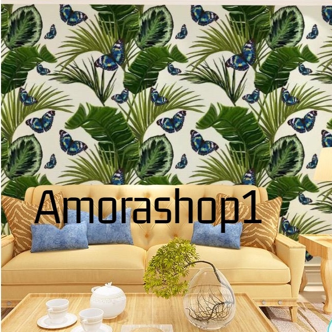 Wallpaper Dinding Leaves Butterfly 10m/8.5m X  45cm