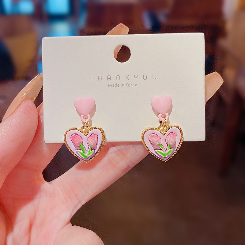 Anting Tusuk Gantung Bahan Sterling silver 925 Desain Bunga Tulip Pink Untuk Wanita