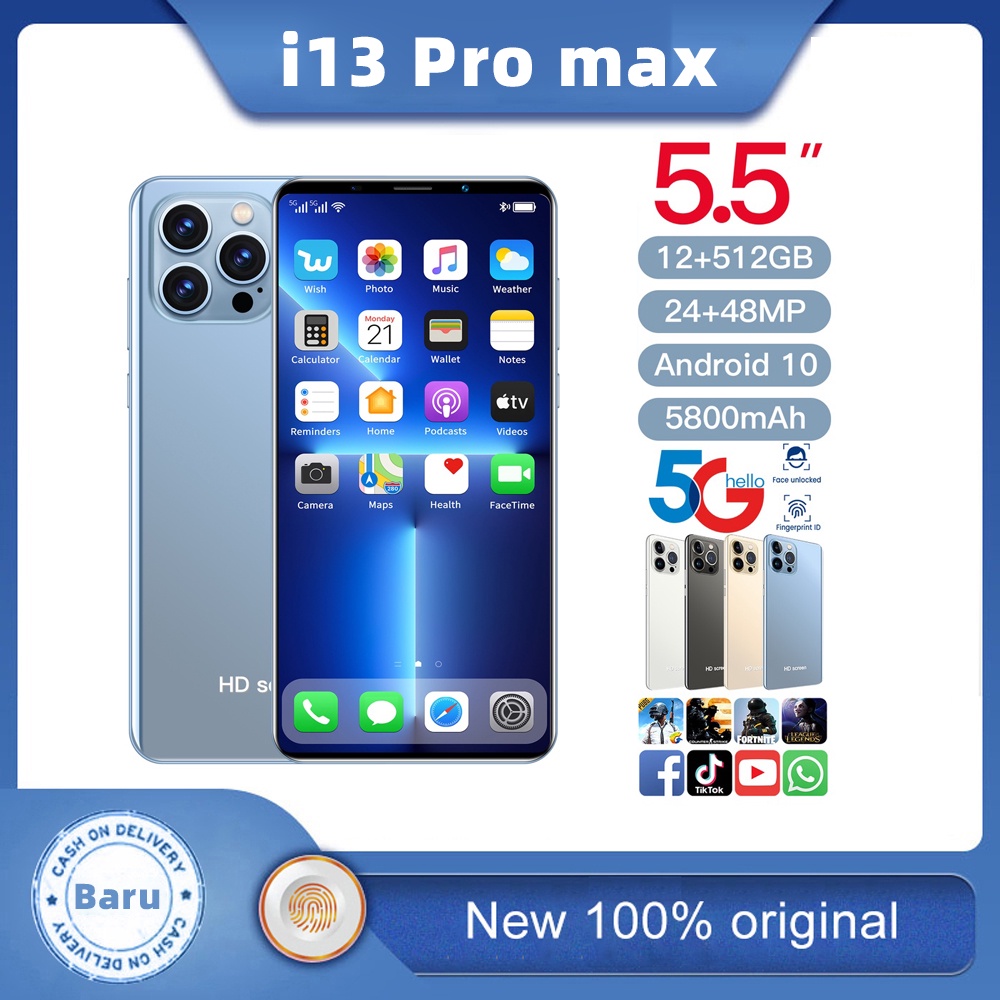 【COD-Pengiriman-lokal】hp murah 5G i13 Pro Max Smartphone Android Versi Global Handphone murah 5.5 Inci 5G/4G LTE Ponsel Original wajah unlock 8GB RAM 512G ROM Moible phone Dual SIM Sistem Android 10.0 HD promo hp murah cuci gudang 4.5