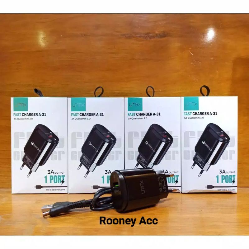 CHARGER UMAX A31 USB MICRO CABLE INCLUDED TYPE-C CABLE INCLUDED CHARGER UMAX FAST CHARGER A-31 3A QU
