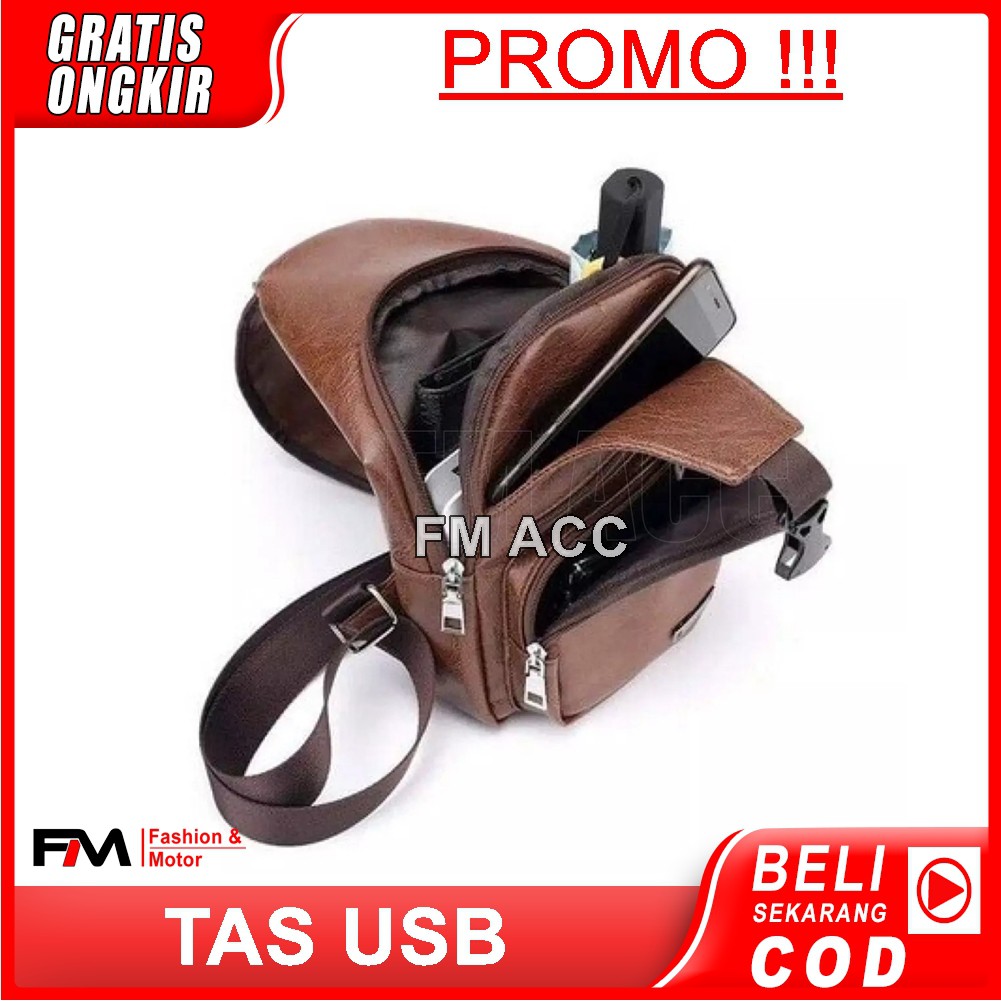 PROMO !! Tas Slempang USB Pria Kulit Pria-choklat