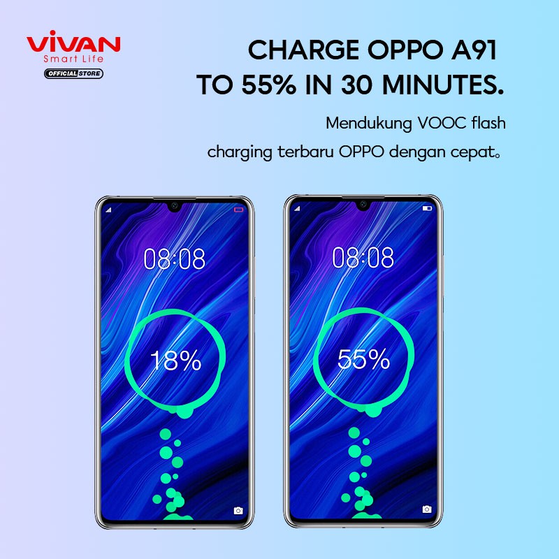 Charger VIVAN Dual Output Port 3A USB-A &amp; Type C 18W PD Quick Charge &amp; VOOC Flash Charge Power Turbo