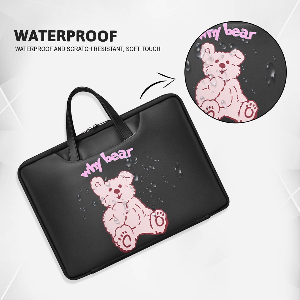 Sleeve Pouch Sarung Tas Bag Case Ipad Tab Tablet Macbook Air Pro Laptop Asus Acer Lenovo HP Huawei 11 12 13 14 15 inch Motif Gambar Kartun Cartoon Bear Beruang Warna Hitam Black Pink Cute Murah Korean Model Jinjing Tali Strap Waterproof Tahan Air