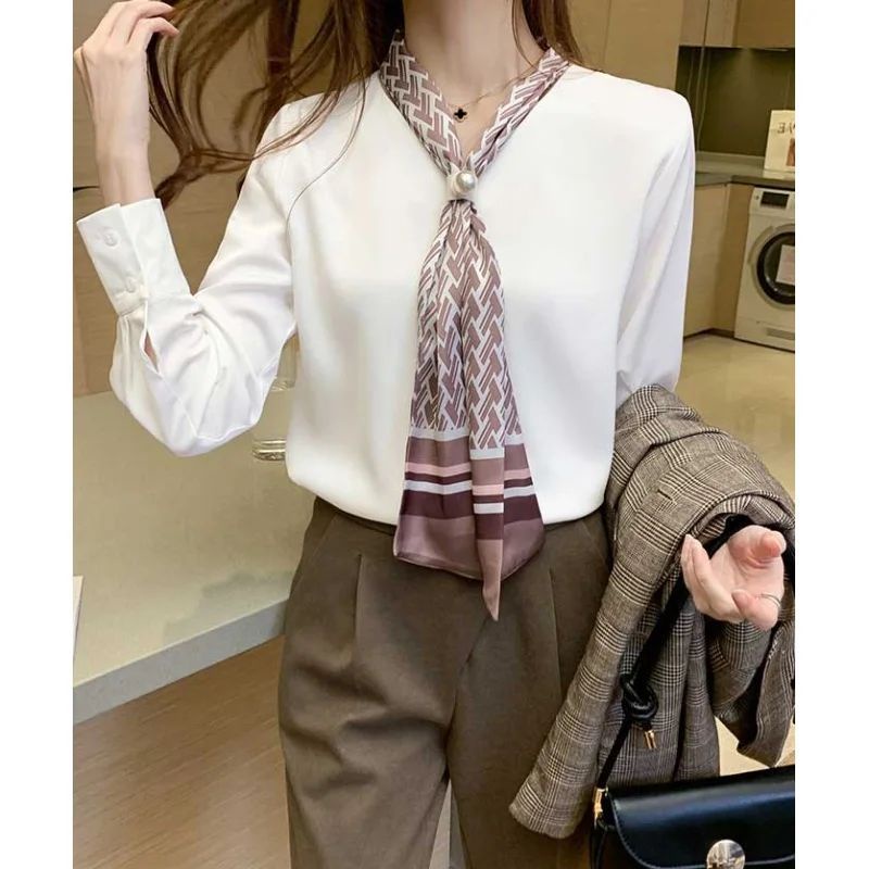 Blouse atasan wanita warna putih model pita kerah cantik Korea lengan panjang elegant
