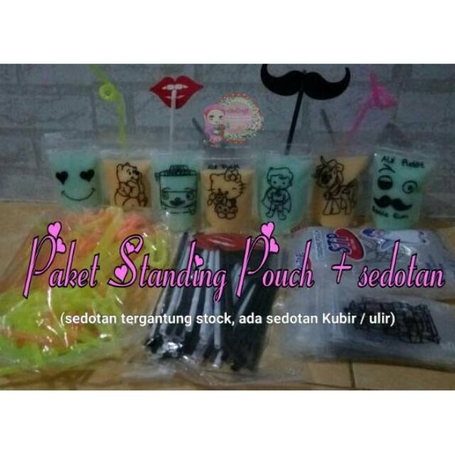 Paket plastik pudot + sedotan (standing pouch) puding sedot isi 50pc