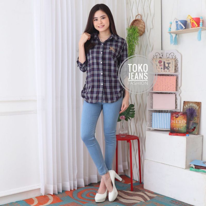 KEMEJA KOTAK BB ATASAN WANITA + BORDIR-Navy 8340 bb