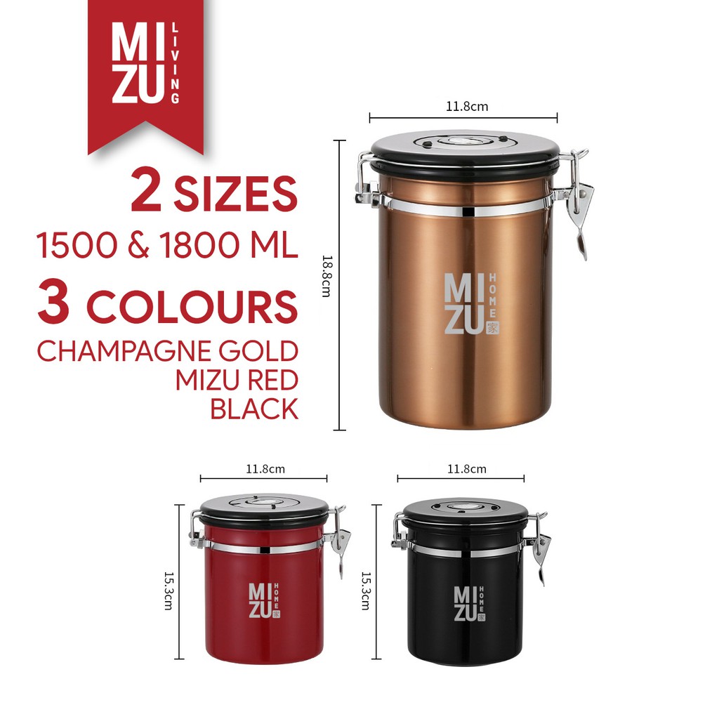 MIZU HERMETIQUE 1800ml TIMER Airtight Coffee Canister Stainless Steel Toples Kopi Kedap Udara