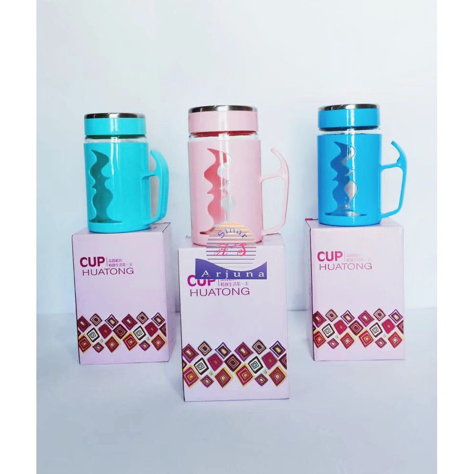 Gelas Botol Kaca / Cangkir Kaca 500 ml +Penutup motif