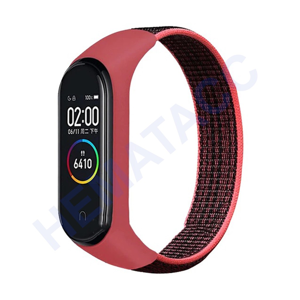 Strap Nylon Mi Band 6 5 4 3 Tali Jam Nilon Xiaomi Smartband M6 M5 M4 M3 OASE-Merah Hitam
