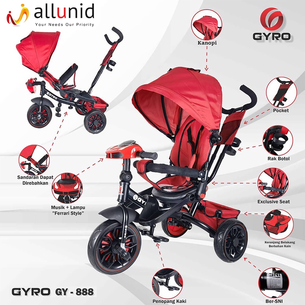 Sepeda Roda Tiga Anak Stroler GYRO ST GY 888 Tricycle Bike Lipat + Putar dan Kanopi SNI Garansi Termurah-1