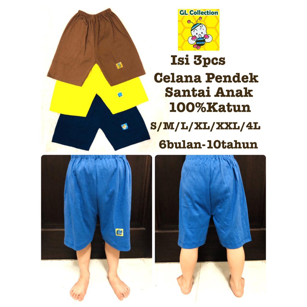 Celana Pendek Santai Anak Size S/M/L/XL/XXL/4L (6 Bulan - 10 Tahun) Warna 100% Katun SNI [Isi 3 pcs]