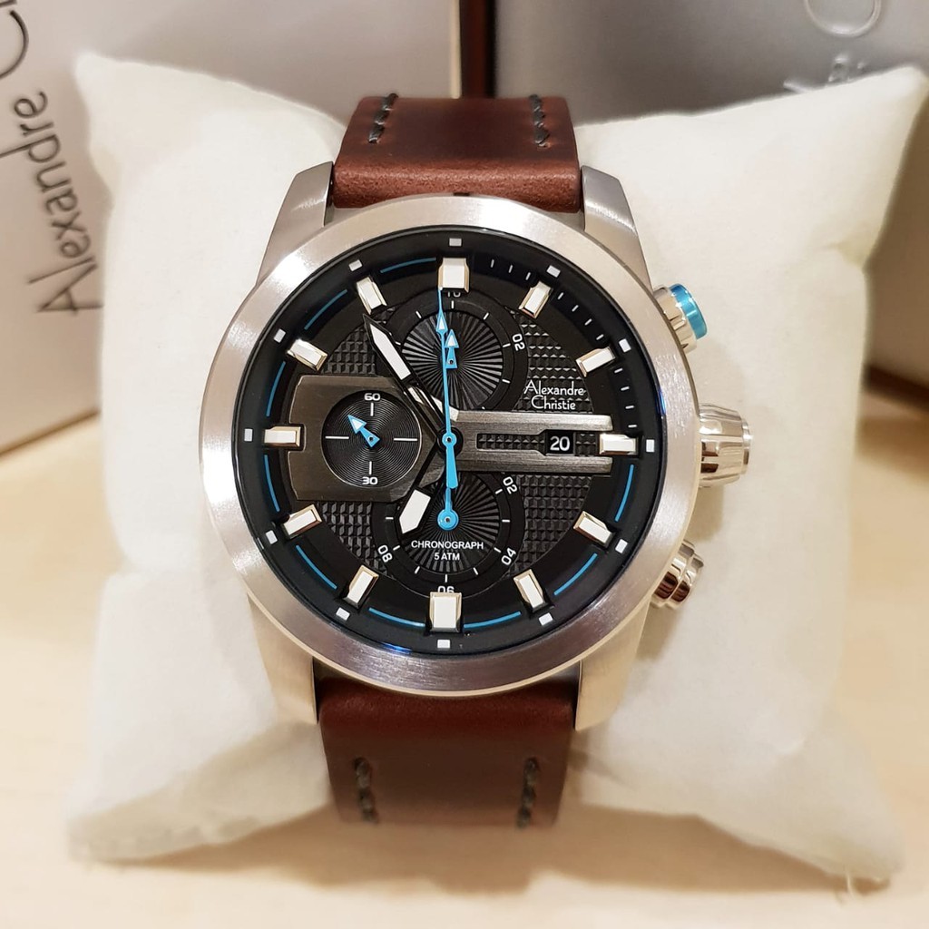 Alexandre Christie 100% Original ac6270 Jam Tangan Pria tali kulit coklat silver