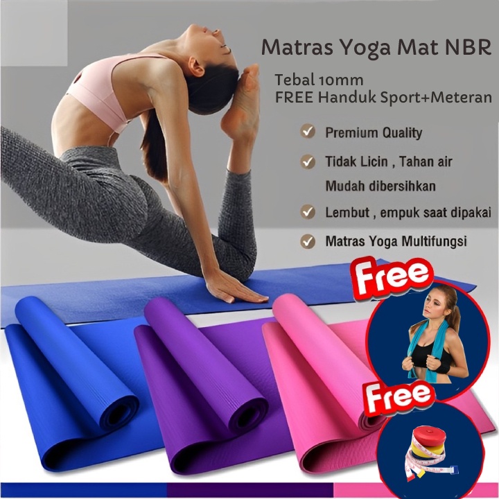 Matras Yoga Mat NBR TEBAL 10mm gym Karpet Senam Yogamat Anti Slip FREE TAS + Handuk Sport