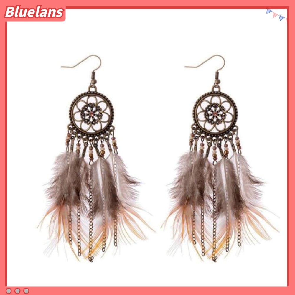 Anting Kait Rumbai Panjang Desain Dream Catcher Aksen Bulu Untuk Wanita