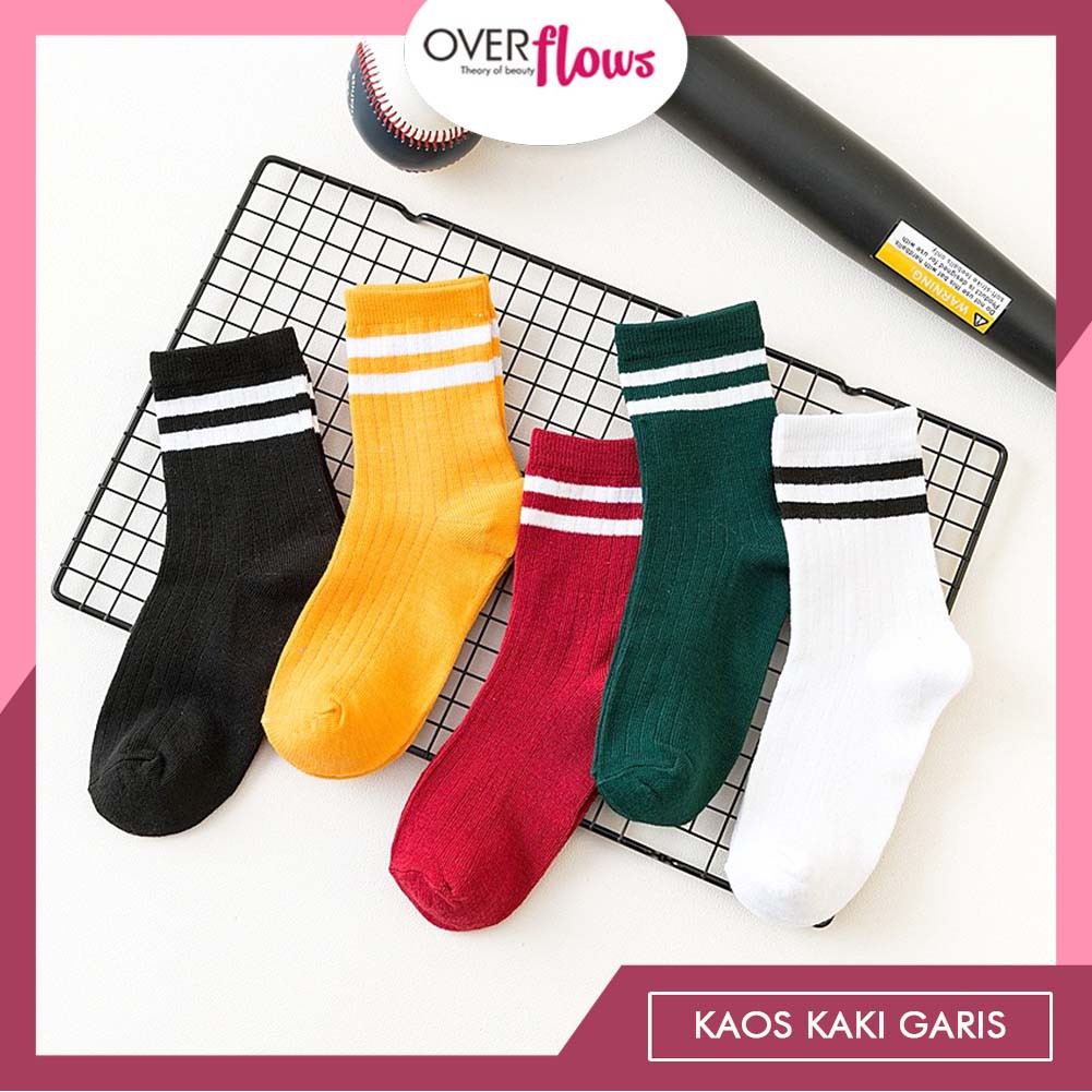OVERFLOWS.ID Kaos Kaki Mid 2 Garis Import Korea Kaos Kaki Panjang Betis Warna Cewek Cowok-1