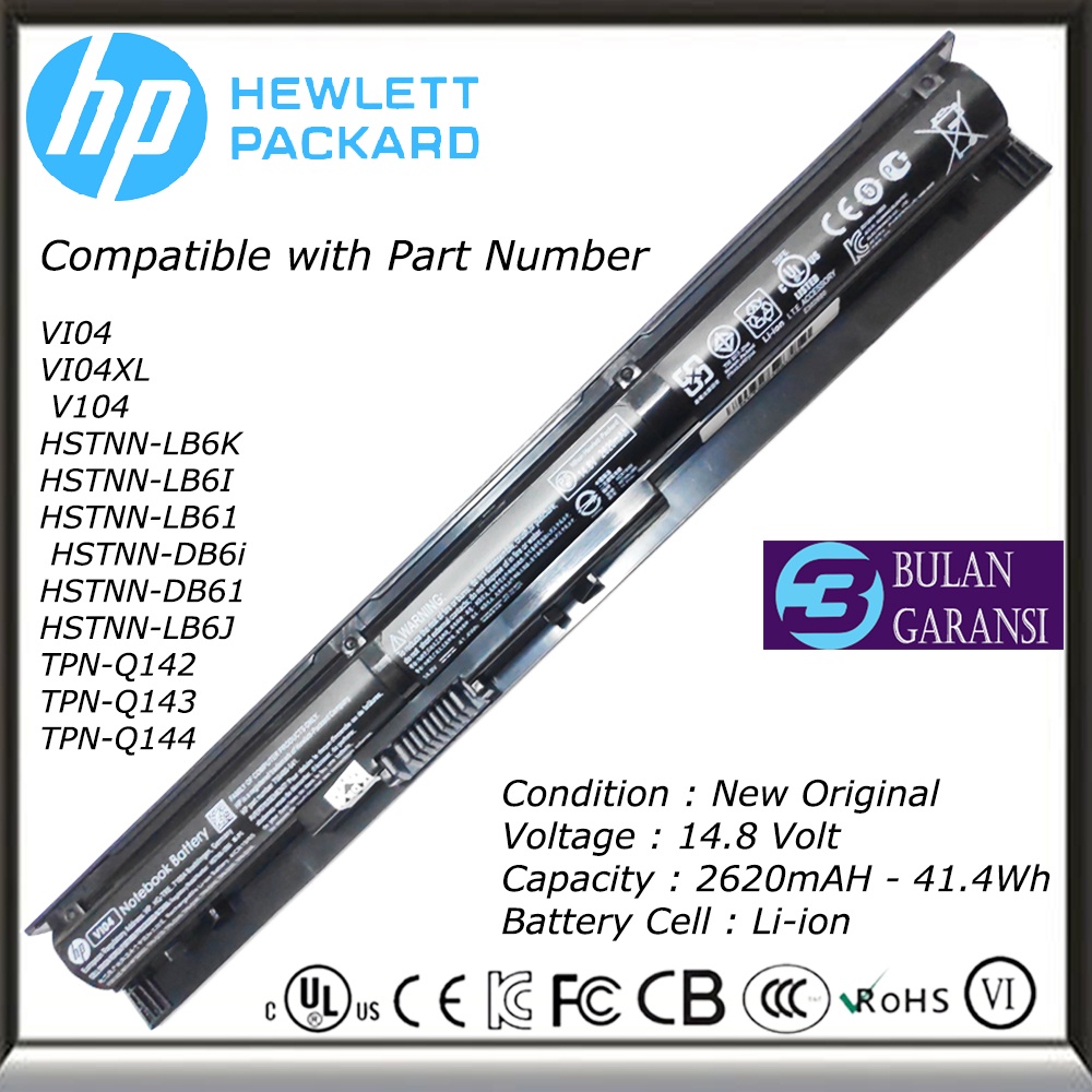 Baterai Original Laptop Hp VI04 Pavilion 14 V203TX V206TX V208TX V039TX V040TX V041TX V042TX V043TX ProBook 440-G2 445-G2 450-G2 455-2 Envy 14 15 17 HSTNN-UB61