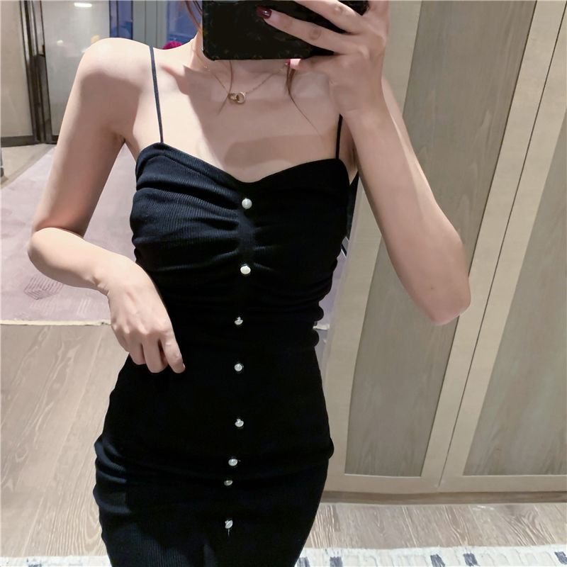 Musim panas baru fashion temperamen seksi chic rajutan rok suspender mutiara