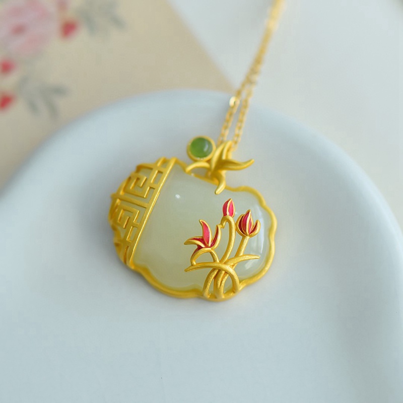 Fancyqube Kalung Liontin Batu Giok Hetian Putih Orchid Alami Gaya Cina Retro