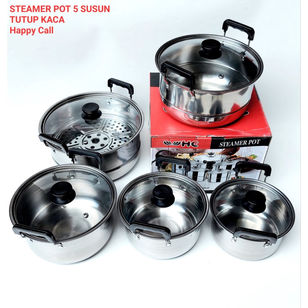 Panci Set HC Tutup Kaca Steamer Pot HC Panci Set Bahan Stainless Steel Panci Steamer 5 Set Tutup Kac