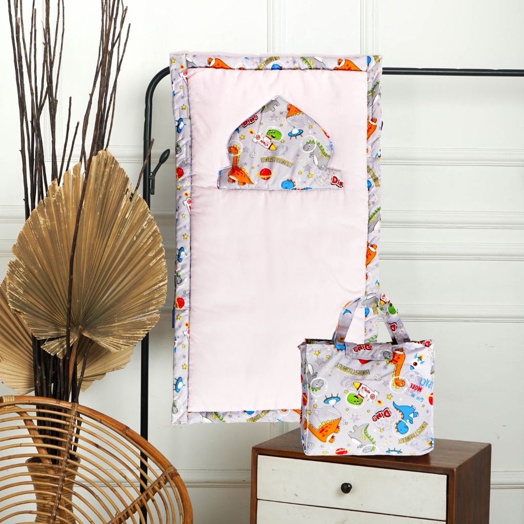 Sajadah Anak + Tas Karakter / Sajadah Anak Motif / Sajadah Anak Tebal 51 x 91-Dino Grey