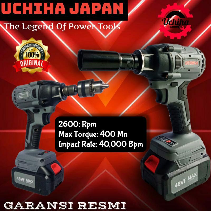 Impact wrench baterai cordless mesin pembuka baut ban uchiha 48V bor set 2 batrai impak buka motor m
