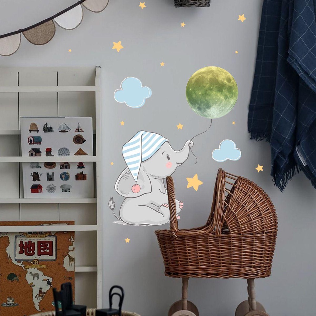 R-flower Luminous Wall Sticker Moon Dekorasi Rumah Kamar Anak Kamar Tidur Bayi Kartun Stiker Dinding