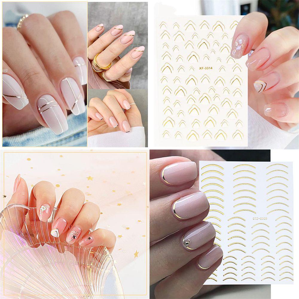 R-flower 3D Nail Sticker Self Adhesive Silver Gold Garis Geometris Stripe Transfer Stickers