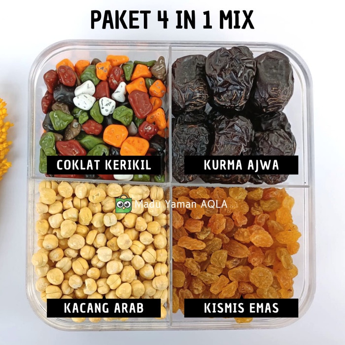 

Coklat Arab - Paket 4 In 1 Mix -Kurma Ajwa, Coklat Kerikil, Kacang Arab, Kismis Emas