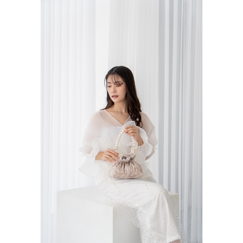 Aura Label - Rosie Bow Organza Top - MOST WANTED blouse wanita organza white pita puff putih