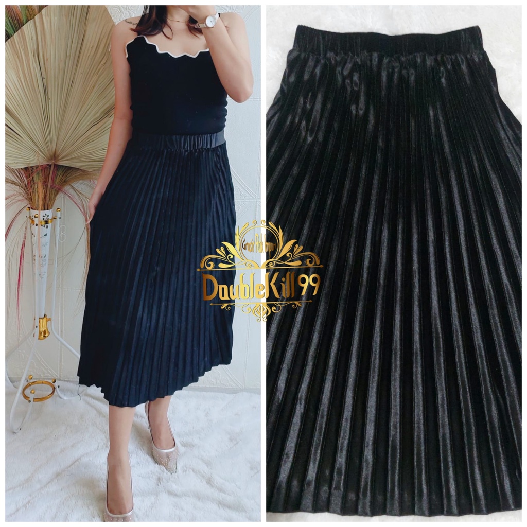 GROSIR ROK IMPORT / ROK 7/8 PLISKET BLUDRU VELVET PREMIUM  GLOSSY-7/8 HITAM GLOSSY