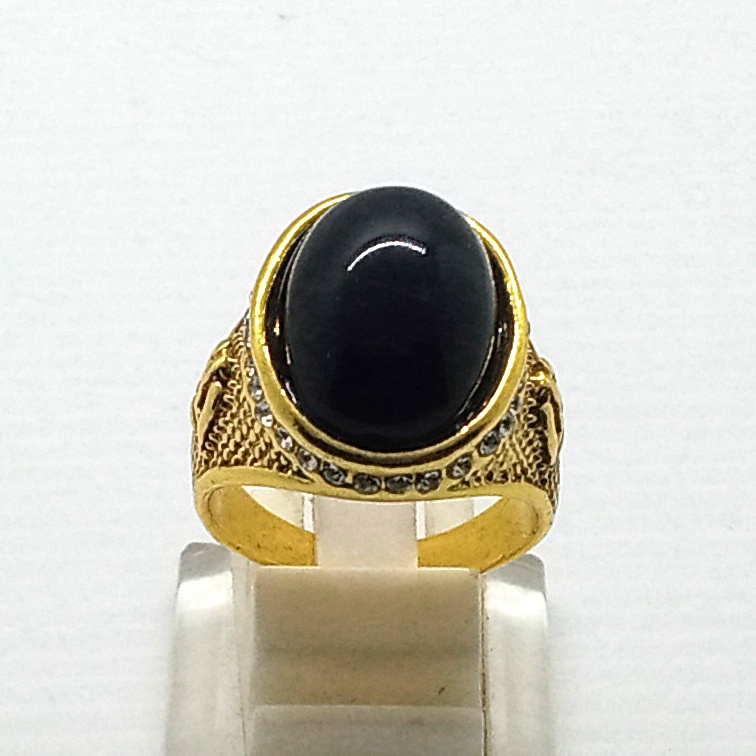 Cincin Lapis Emas Hias Batu Permata Hitam Black Onyx Ukiran Berlian Gaya Vintage Untuk pria